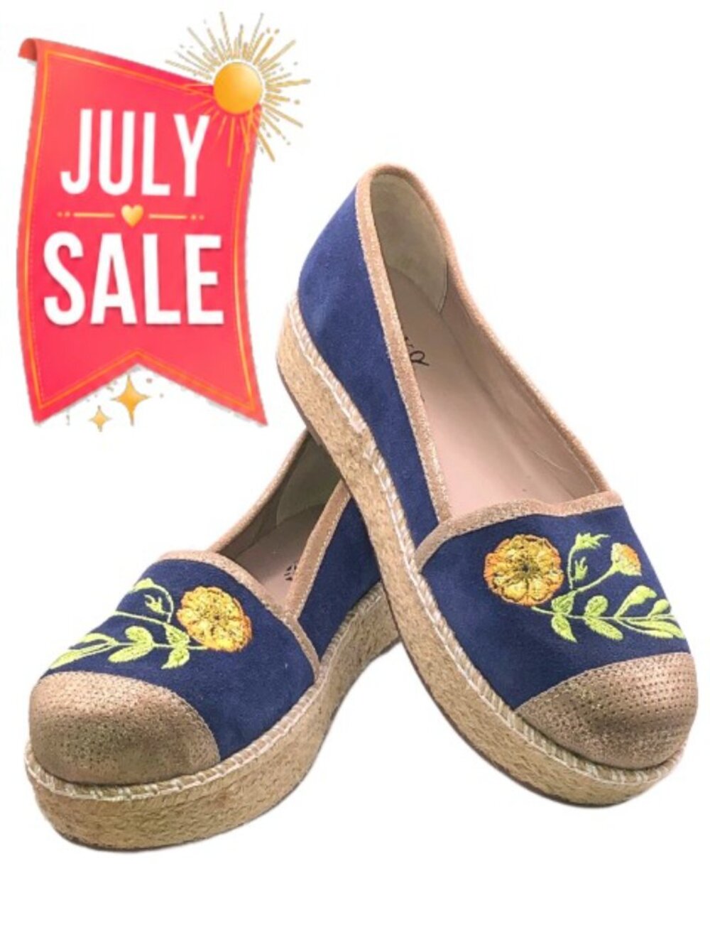 Jax & Bard Embroidered Espadrille Platform Flats Blue Gold Floral Suede Size 39